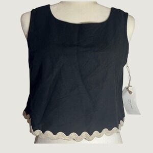 Midnight Sky Sleeveless Linen Blend Cropped Top Scalloped Hem Small Black NWT